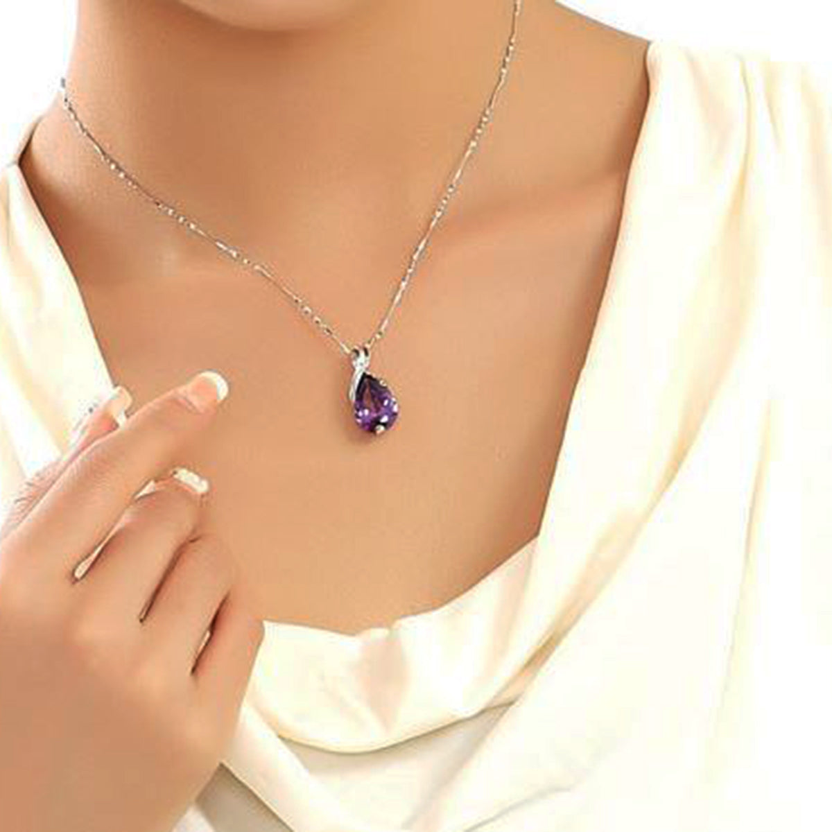 White Gold Plated Purple Crystal Angel Tear Pendant Necklace