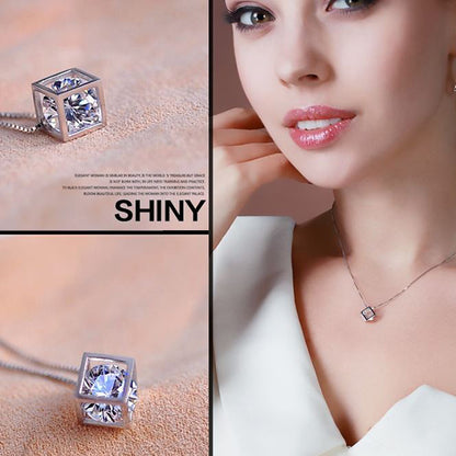 White Gold Plated CZ Diamond Cubic Pendant Necklace