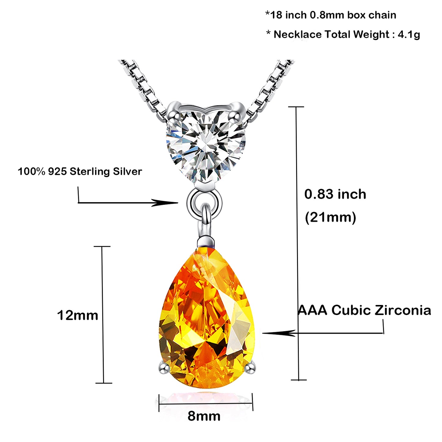 925 Sterling Silver Pear Shape Crystal Pendant Necklace